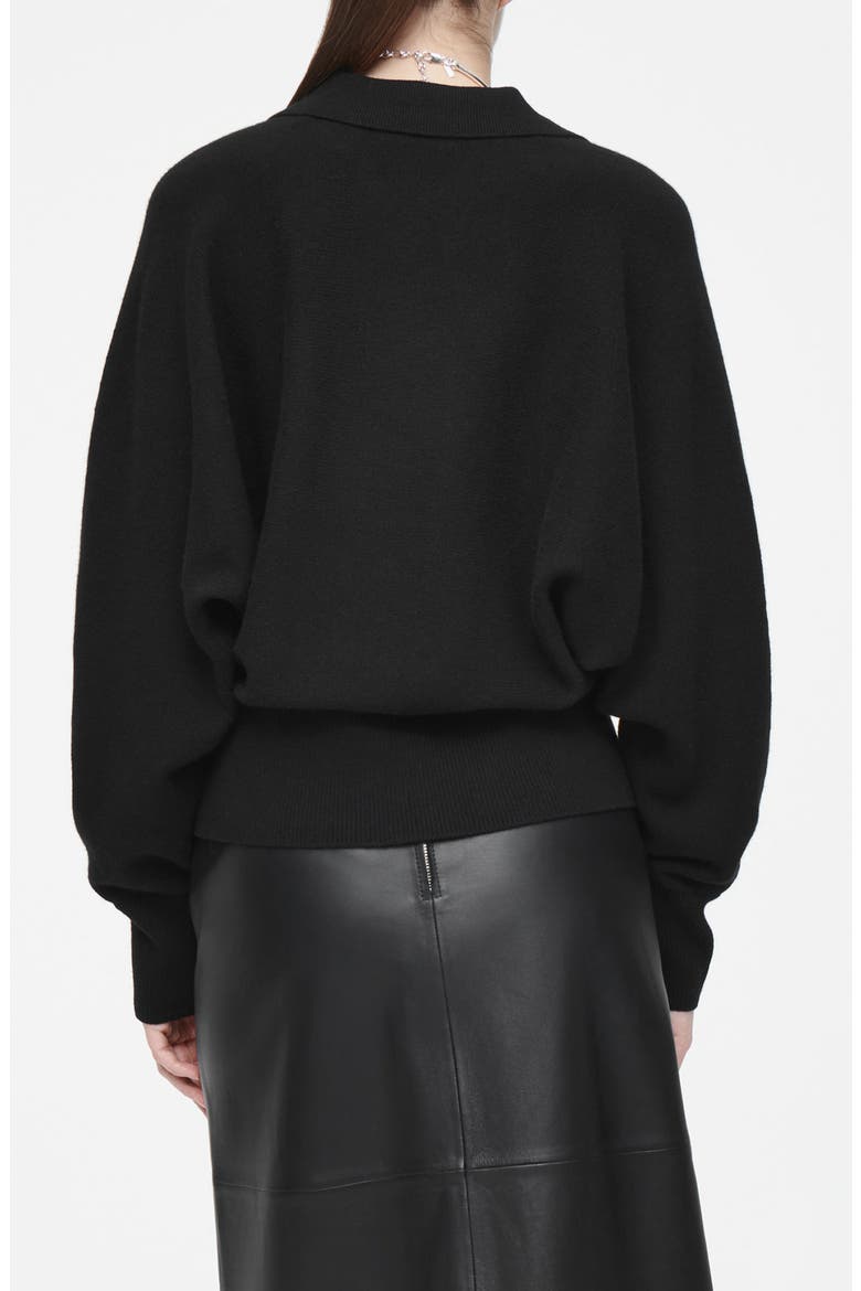Blouson Long Sleeve Wool Polo Sweater, Alternate, color, BLACK DARK