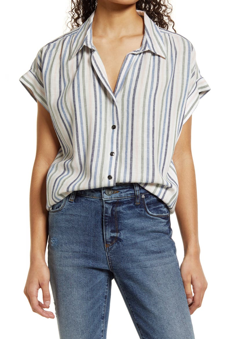 Short Sleeve Linen Blend Camp Shirt, Main, color, IVORY BLUE EVELYN STRIPE