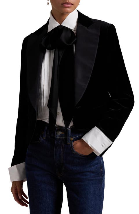 Single Breasted Mulberry Silk Lapel Velvet Crop Blazer