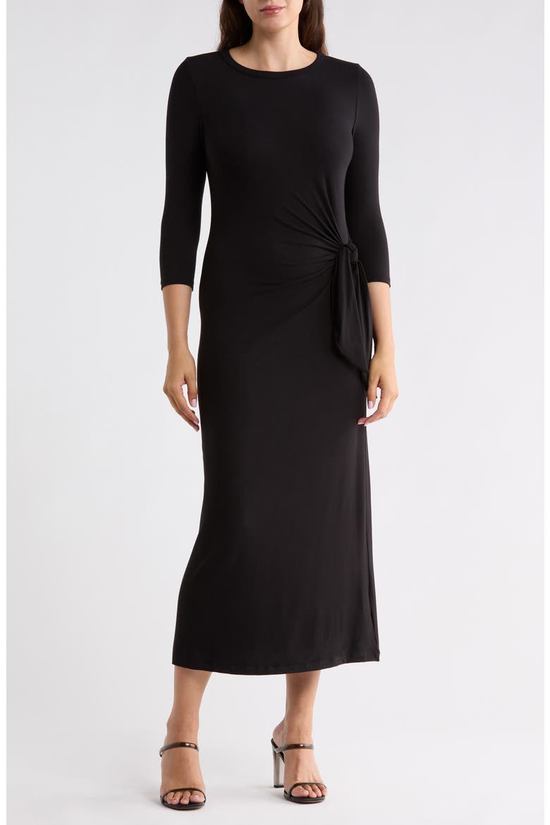 Side Knot Three-Quarter Sleeve Midi Dress, Main, color, BLACK