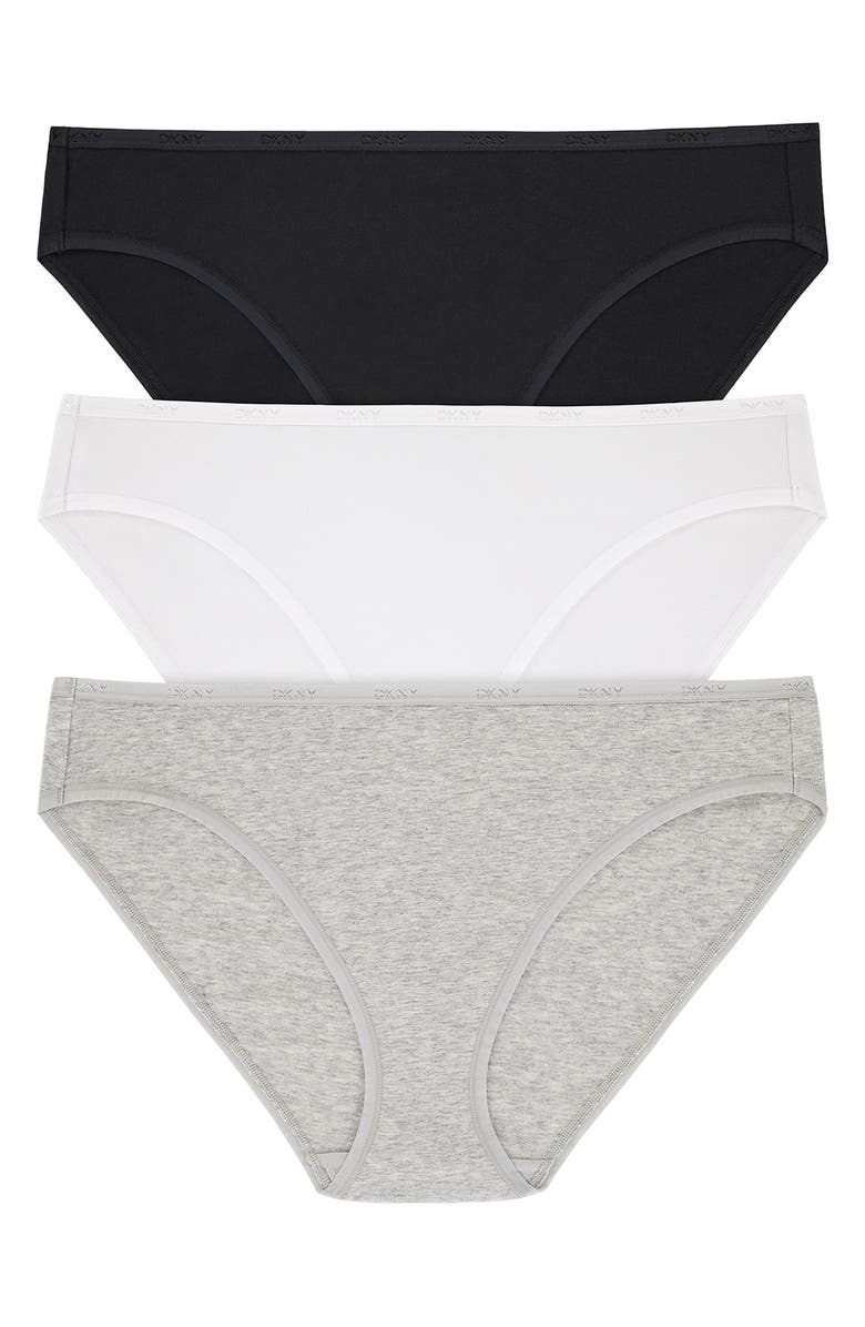 DKNY 3-Pack Cotton Blend Bikinis, Main, color, Black/ White/ Grey Heather
