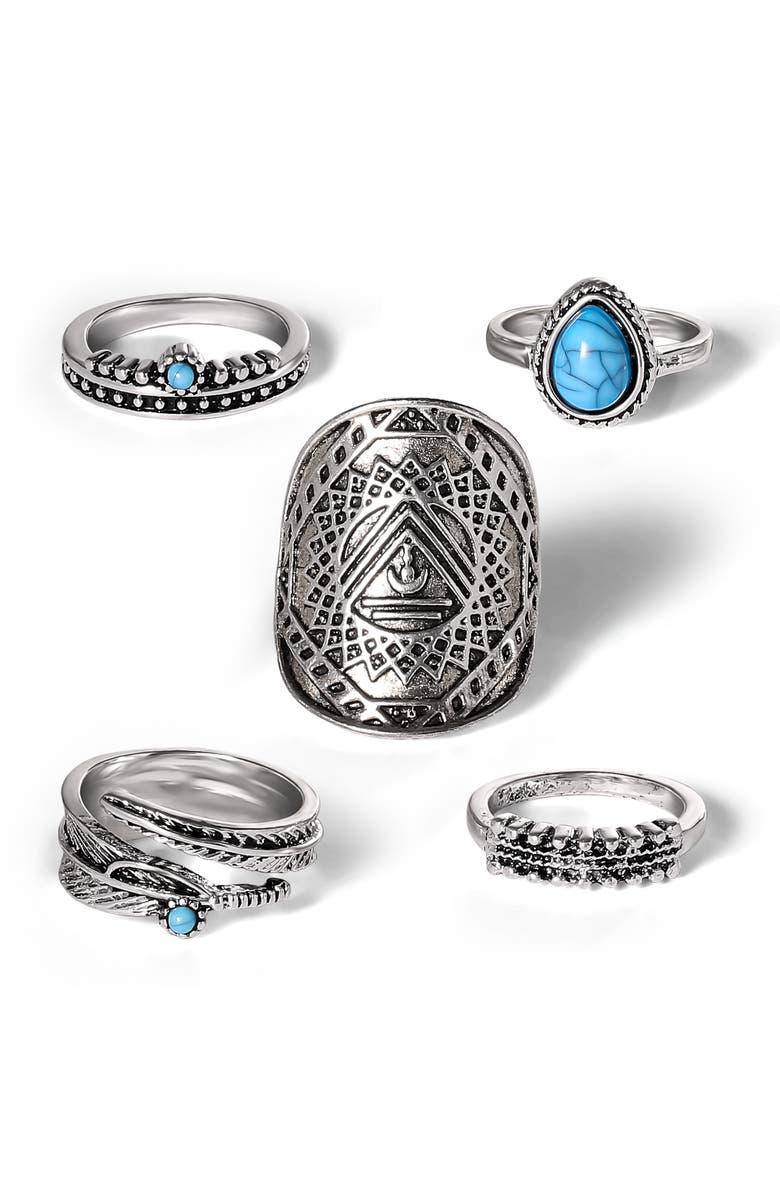 Jessica Simpson 5-Piece Mixed Silver-Tone Ring Set, Main, color, Silver