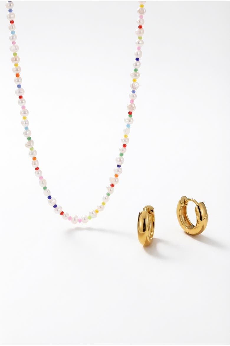 Freshwater Baroque Pearl 18K Gold Plated Rainbow Necklace And Huggie Earring Set, Main, color, Metallic Gold