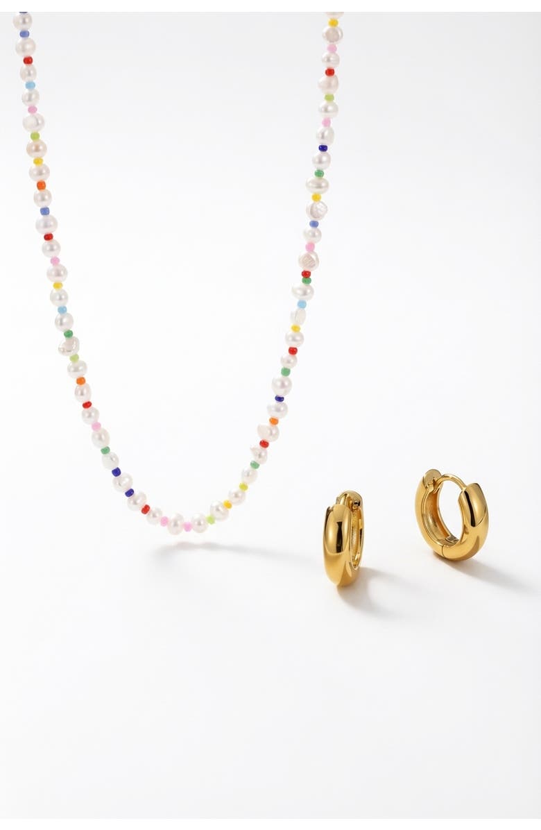 Joey Baby Freshwater Baroque Pearl 18K Gold Plated Rainbow Necklace And Huggie Earring Set, Main, color, Metallic Gold