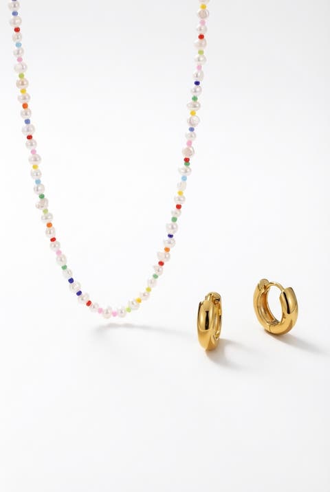 Freshwater Baroque Pearl 18K Gold Plated Rainbow Necklace And Huggie Earring Set