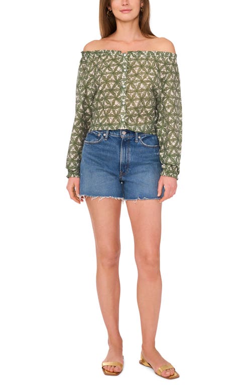 Two By Vince Camuto Floral Off The Shoulder Button-up Shirt In Dark Green