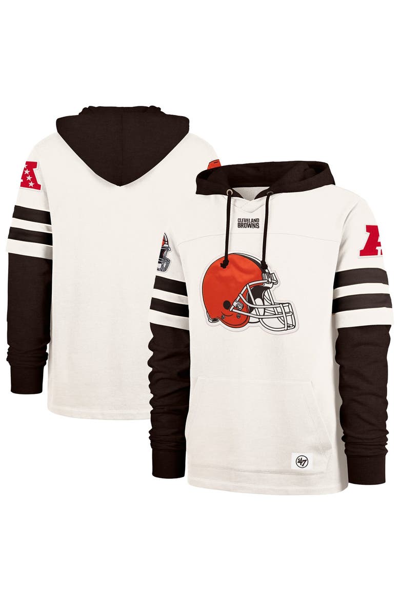 Men's '47  Cream Cleveland Browns Split Zone Cornerback Duo Lacer Hoodie, Main, color, Cream