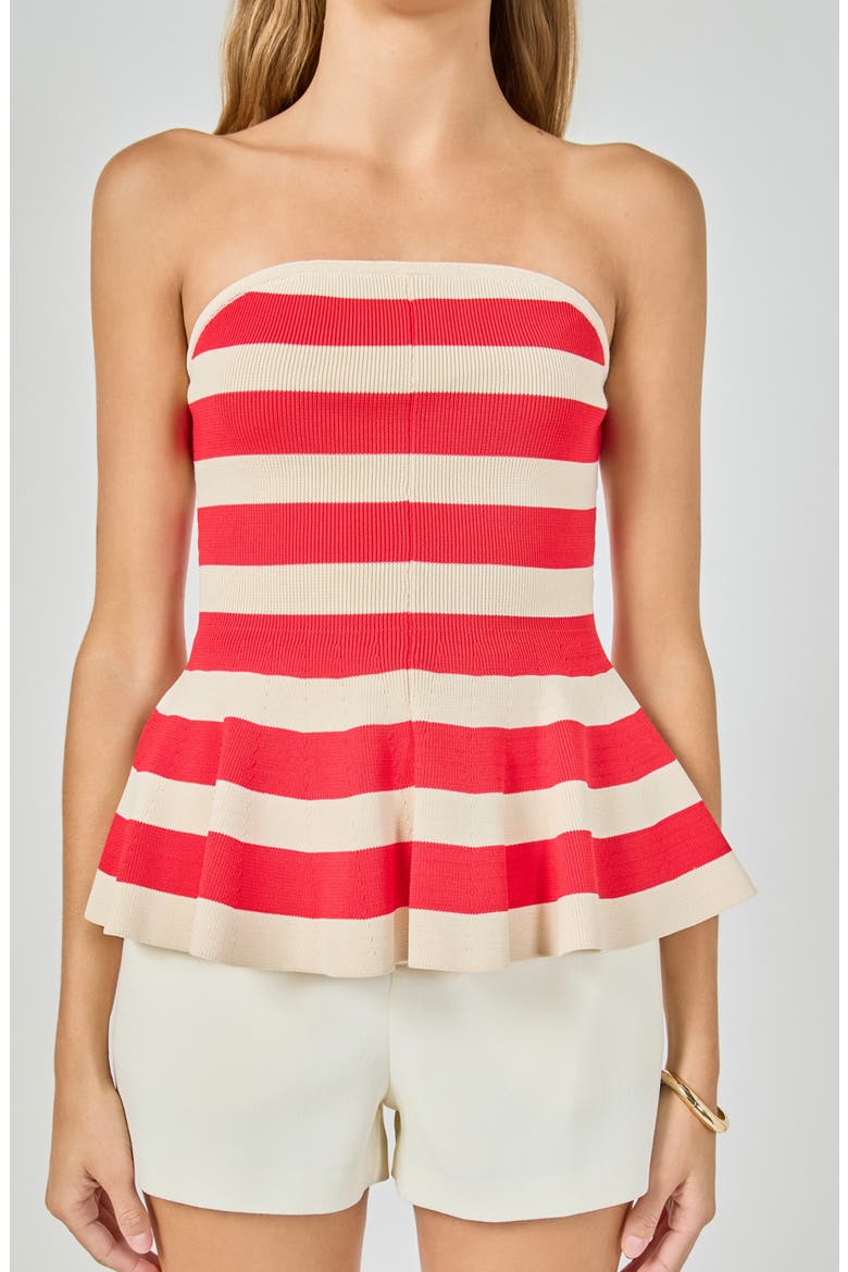 Stripe Strapless Knit Peplum Top, Alternate, color, RED/ CREAM
