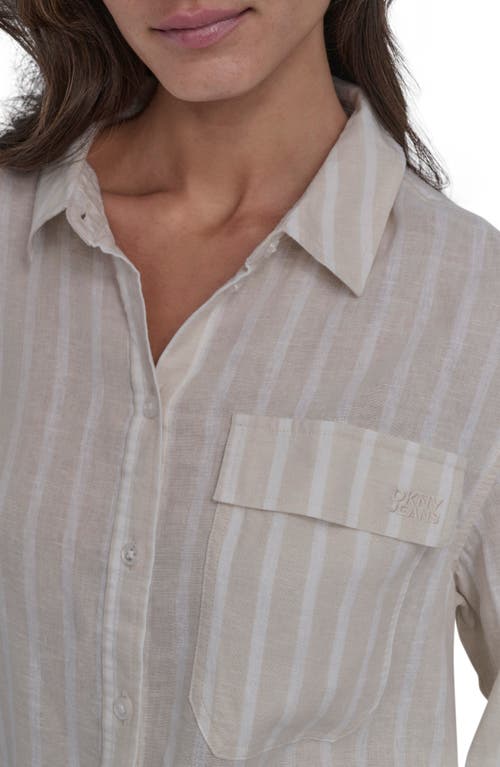 Dkny Jeans Stripe Crop Linen Blend Button-up Shirt In Light City Khaki/ivory