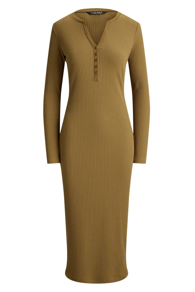 Long Sleeve Henley Midi Dress, Alternate, color, TOBACCO BRONZE BROWN