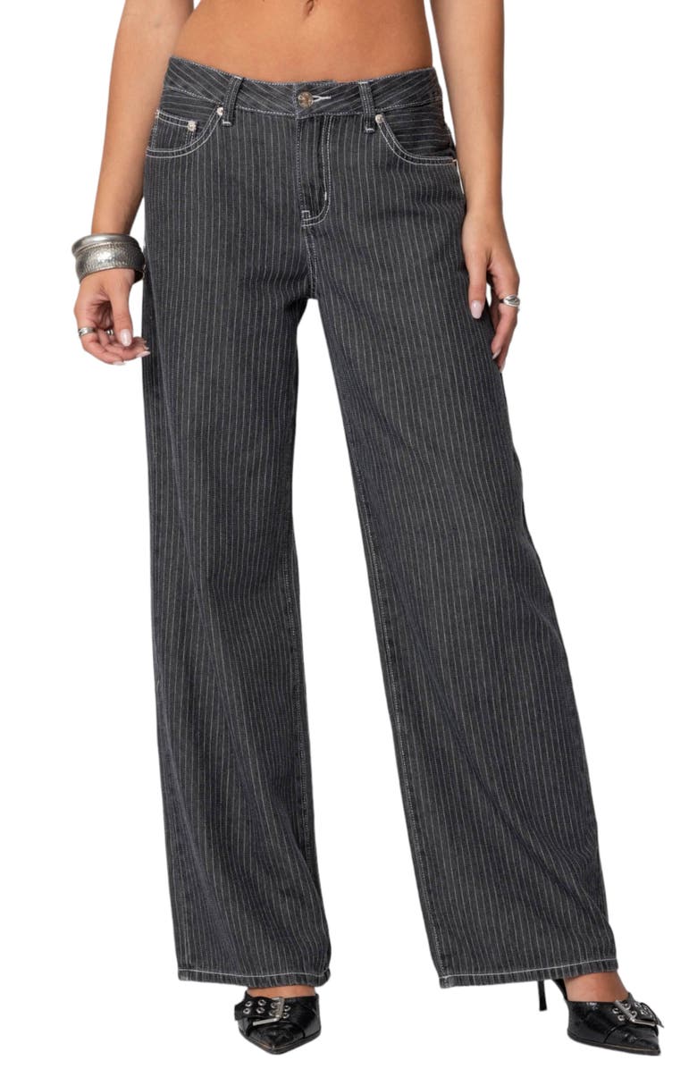 EDIKTED Pinstripe Wide Leg Low Rise Jeans, Main, color, Black