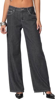 EDIKTED Pinstripe Wide Leg Low Rise Jeans