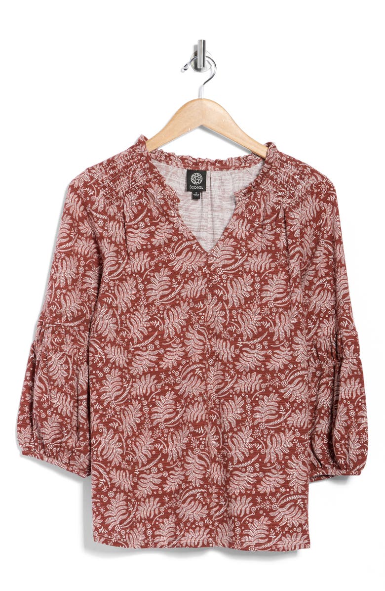 Bobeau Split Neck Balloon Sleeve Top, Alternate, color, Burnt Henna Fern