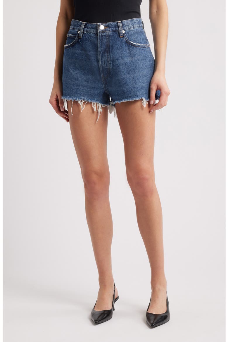 The Dare Frayed High Waist Denim Shorts, Main, color, HABIT