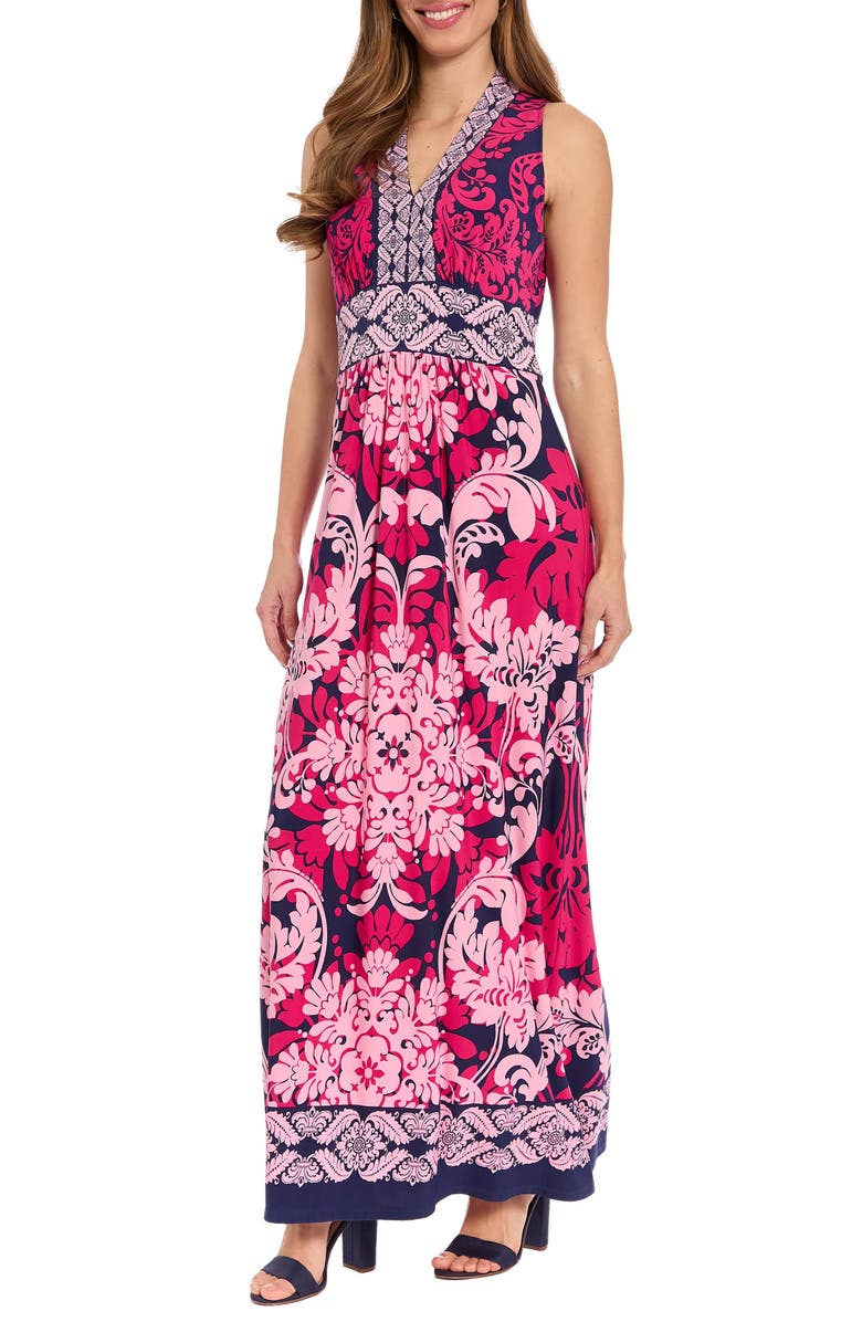 London Times Sleeveless Print Maxi Dress, Alternate, color, Navy/ Raspberry