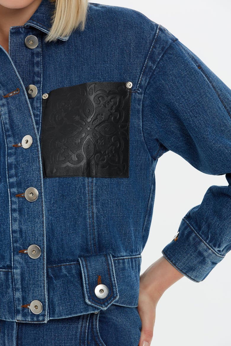 Cropped Denim Jacket with Leather Details, Alternate, color, Navy