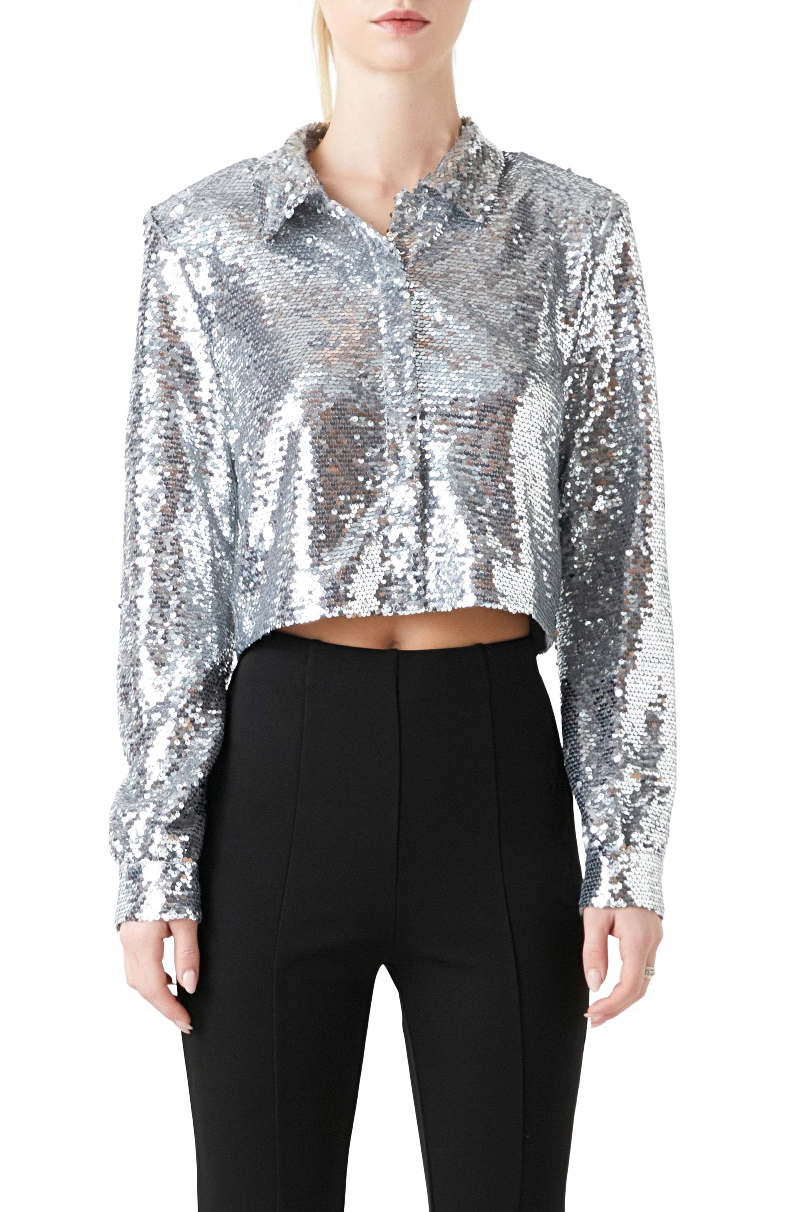 Grey Lab Sequin Hidden Placket Crop Button-up Shirt In Silver