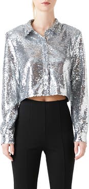 Grey Lab Sequin Hidden Placket Crop Button-Up Shirt
