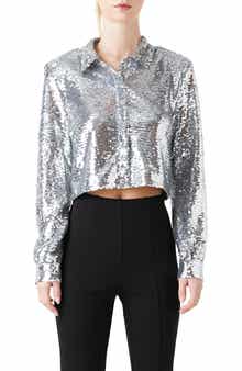 Sequin Hidden Placket Crop Button-Up Shirt