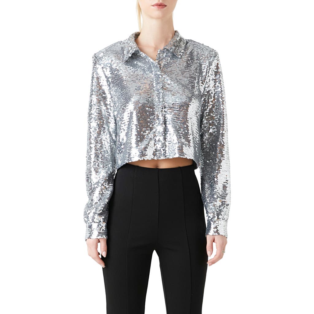 Grey Lab Sequin Hidden Placket Crop Button-up Shirt In Silver
