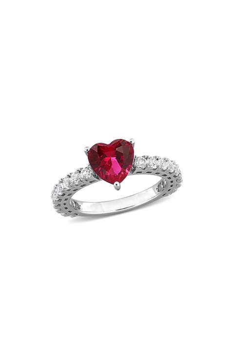 Sterling Silver Lab Grown White Sapphire & Ruby Heart Ring