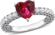 DELMAR Sterling Silver Lab Grown White Sapphire & Ruby Heart Ring