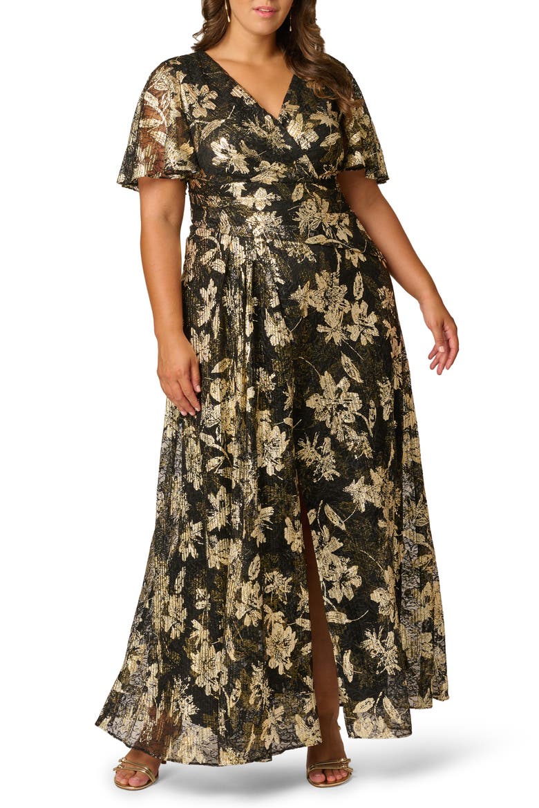 Metallic Floral Lace Gown, Main, color, BLACK/ GOLD
