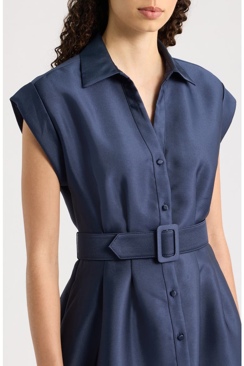 Short Sleeve Belted A-Line Satin Shirtdress, Alternate, color, NAVY