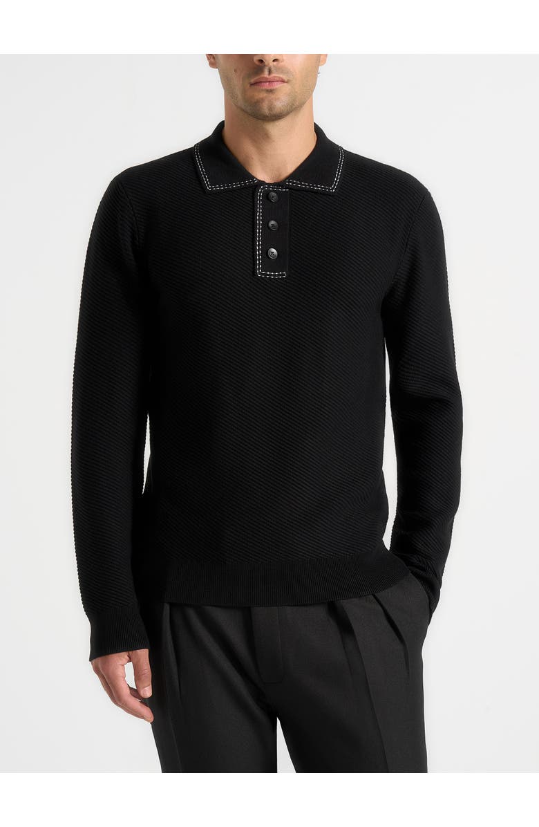 Manière De Voir Aymeric Whipstitch Detail Long Sleeve Knit Polo Shirt, Main, color, Black