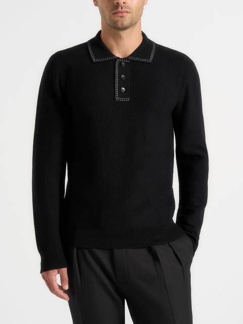 Aymeric Whipstitch Detail Long Sleeve Knit Polo Shirt