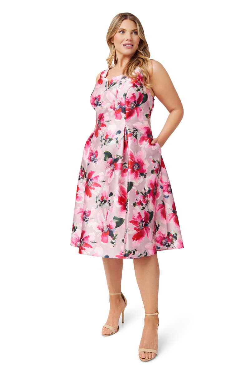 Adrianna Papell Mikado Floral Satin Fit & Flare Midi Dress, Alternate, color, 