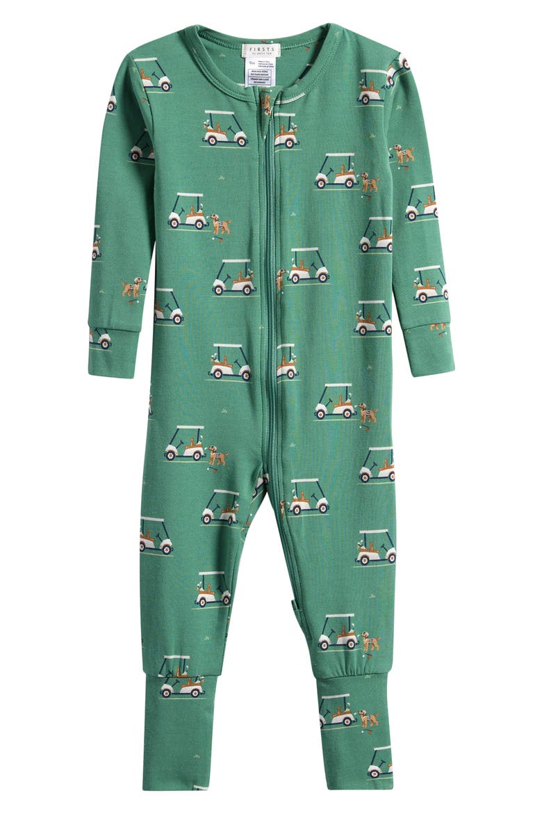 Golf Carts on Spruce Fitted Stretch Organic Cotton Blend Convertible Footie Pajamas, Main, color, DARK GREEN