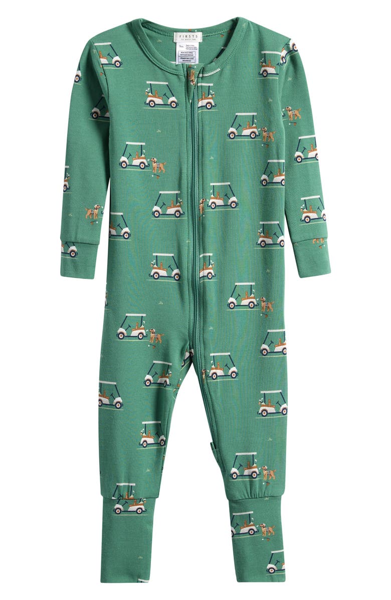 Petit Lem Golf Carts on Spruce Fitted Stretch Organic Cotton Blend Convertible Footie Pajamas, Main, color, Dark Green