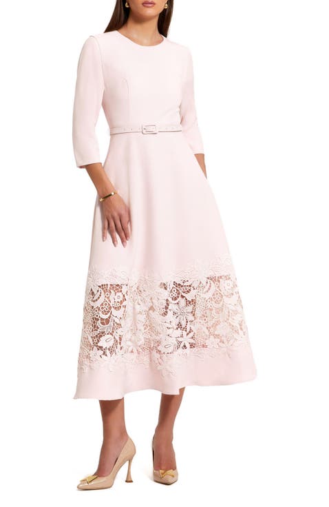 Crepe Boat Neck Midi Dress With Applique Cut Out
