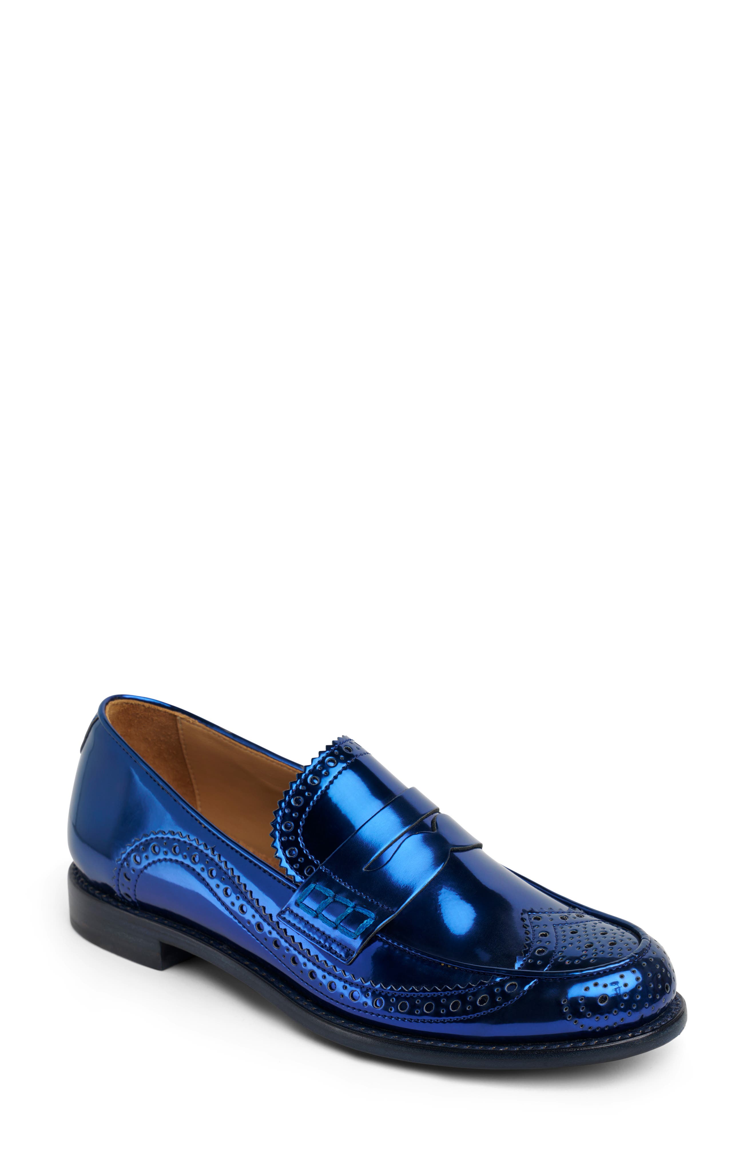 The Office of Angela Scott Ms. Wingtip Penny Loafer, Main, color, Navy Metallic