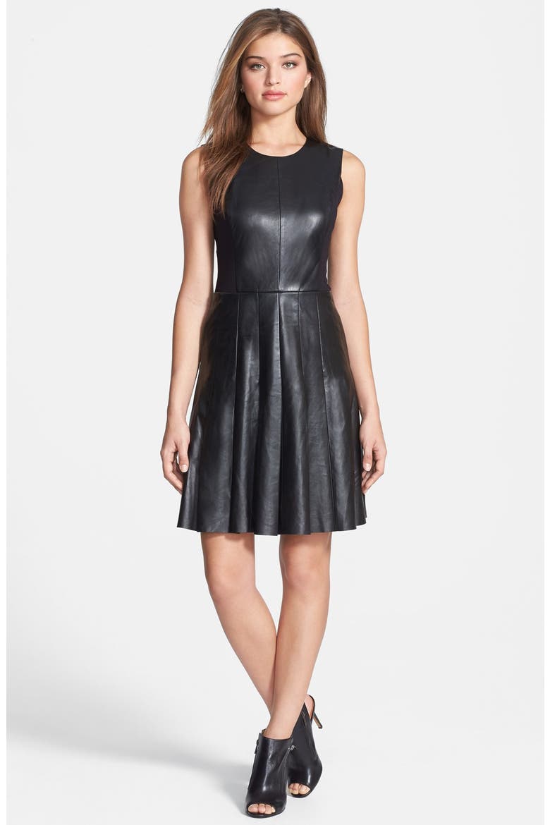 Leather & Ponte Pleat Dress, Main, color, BLACK