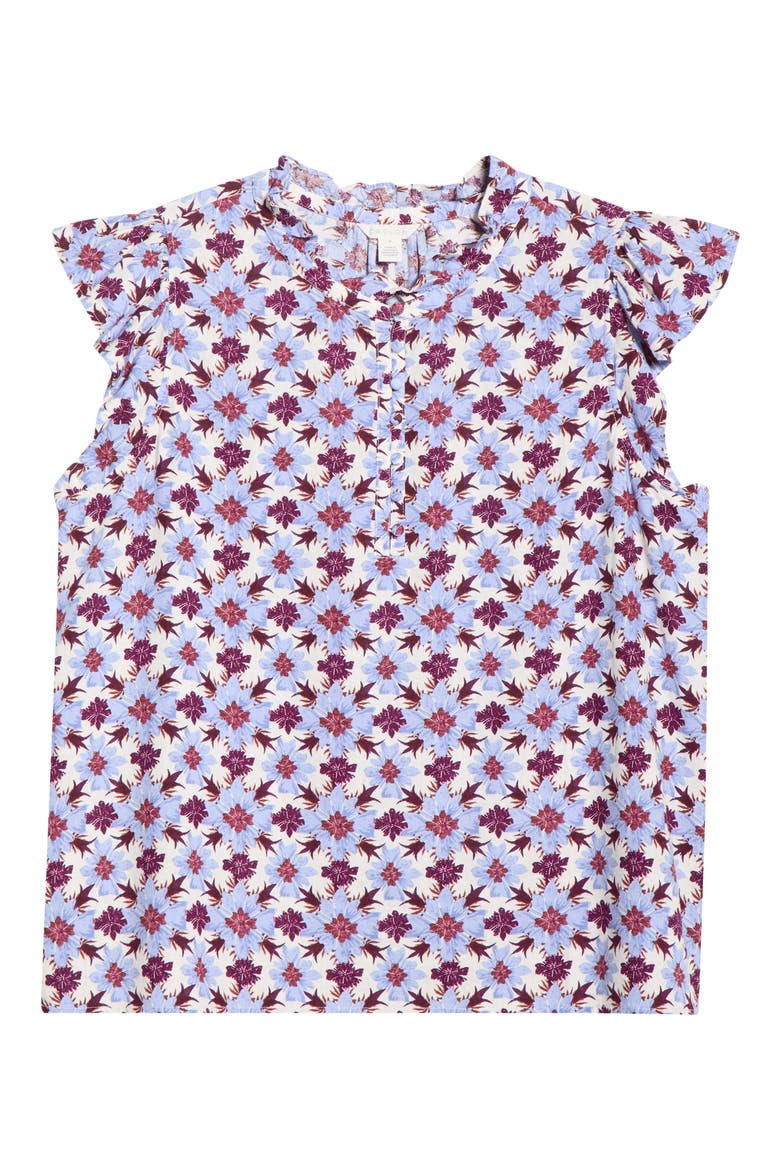 Flutter Sleeve Print Popover Top, Alternate, color, IVORY- PURPLE MILLIE TILE