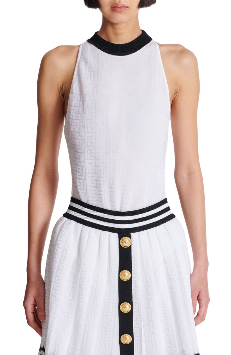 Balmain Two-Tone Monogrammed Knit Bodysuit, Alternate, color, 