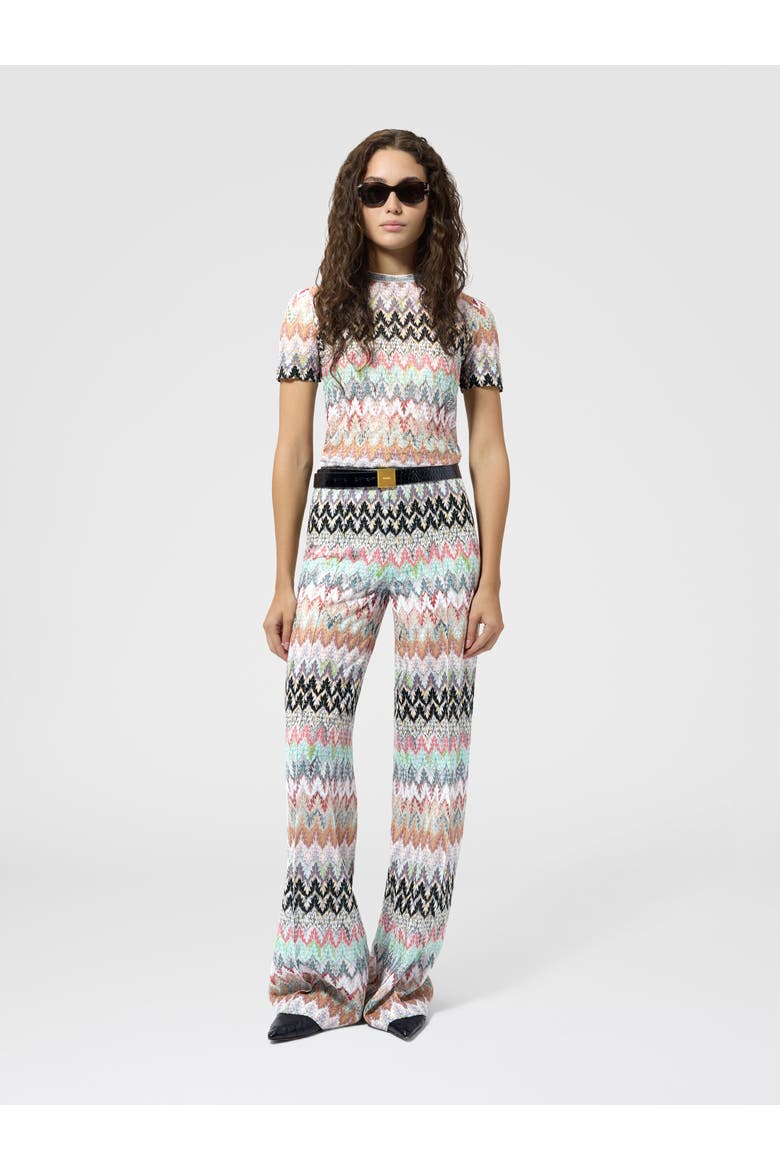 Crew-neck T-shirt In Cotton And Viscose Lamé With Lace Motif, Alternate, color, Multicoloured