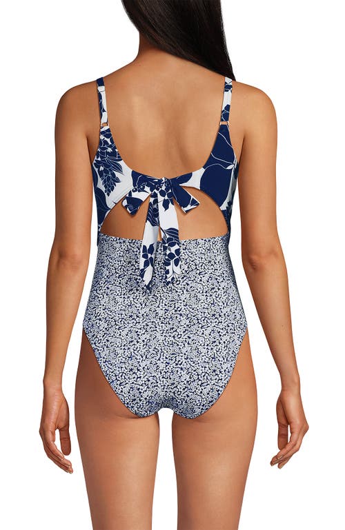 Lands' End Wrap Monokini High Leg One Piece Swimsuit In White/deep Sea Navy Lilies Mix