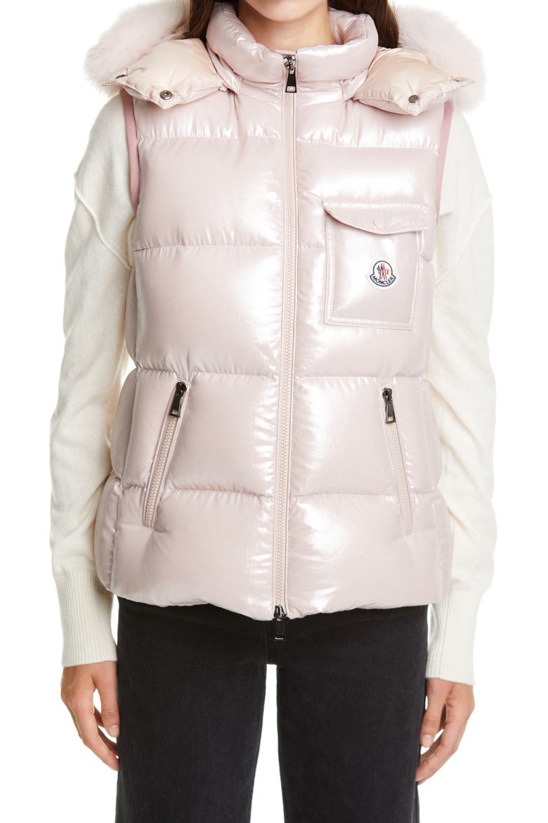 Balabio Metallic Down Puffer Hooded Vest with Removable Genuine Blue Fox Fur Trim, Main, color, PINK
