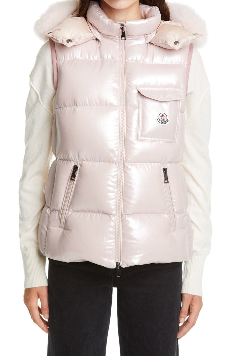 Moncler Balabio Metallic Down Puffer Hooded Vest with Removable Genuine Blue Fox Fur Trim, Main, color, 