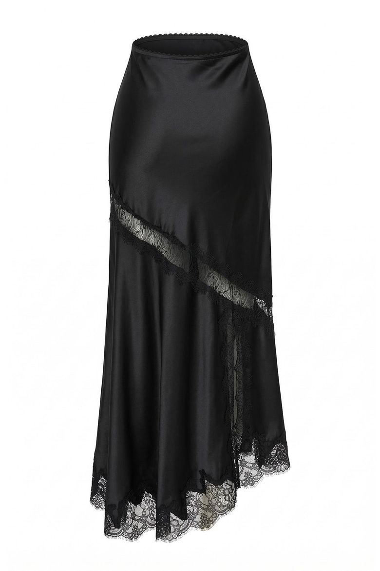 Lace Trim Asymmetric Satin Midi Skirt with Contrast Panel, Alternate, color, Black