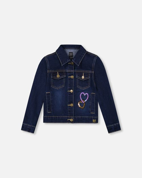 Deux Par Deux Stretch Denim Jacket With Glittery Hearts And Unicorn In Blue