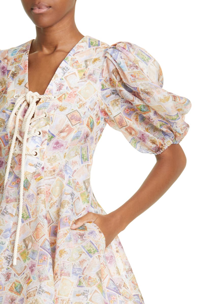 Zimmermann High Tide Lace-Up Puff Sleeve Linen & Silk Babydoll Minidress, Alternate, color, Stamp Print