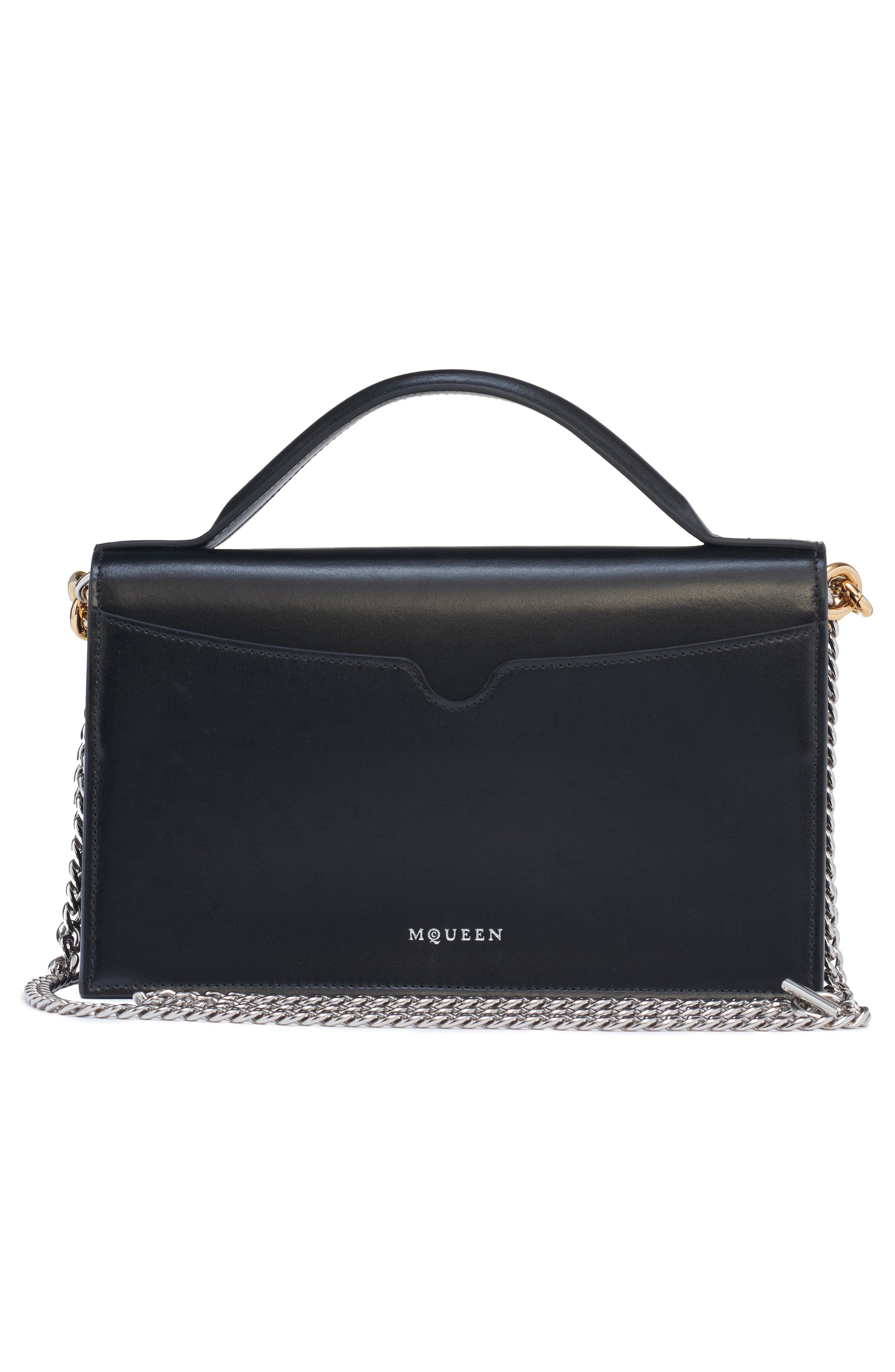 McQueen Medium Skull Chain Detail Leather Handbag, Alternate, color, Black/ Silver