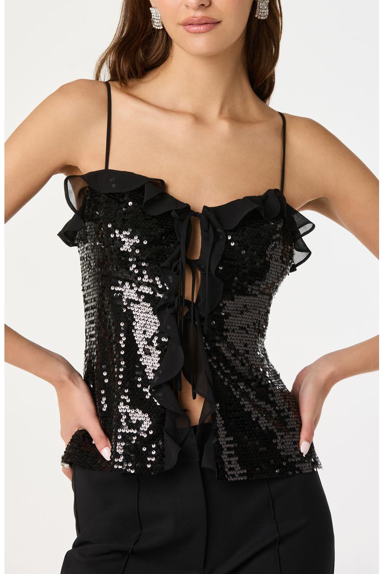 Sequin Ruffle Trim Tie Front Top, Alternate, color, BLACK