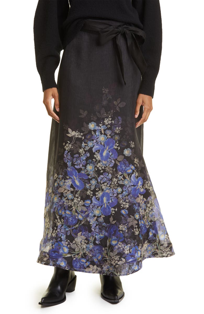 Zimmermann Placed Iris Print Linen & Silk A-Line Skirt, Main, color, 