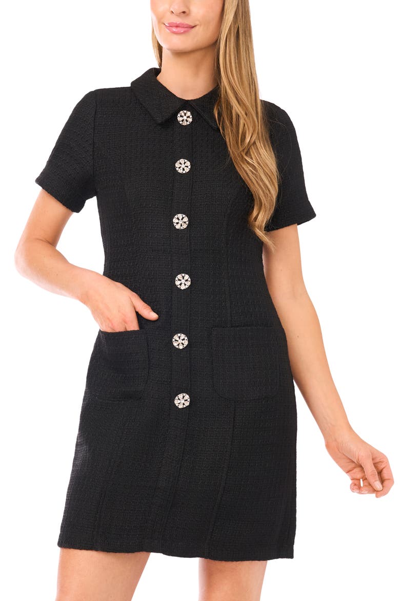 Rhinestone Button Bouclé Minidress, Alternate, color, RICH BLACK