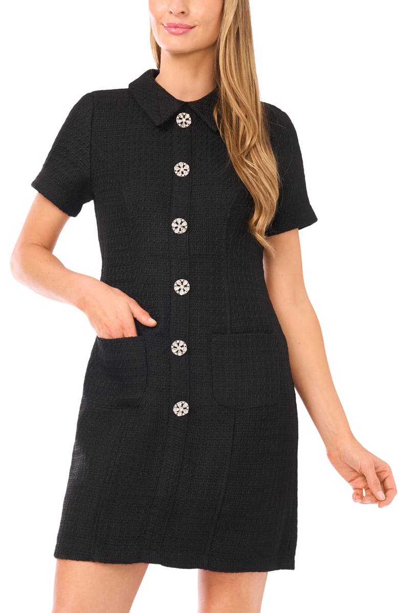 CeCe Rhinestone Button Bouclé Minidress, Alternate, color, Rich Black